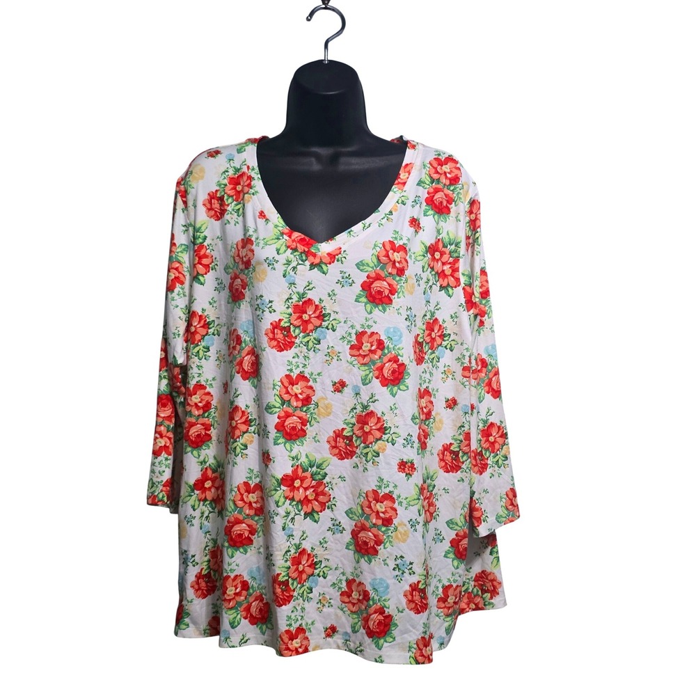 The Pioneer Woman Floral V-Neck Tunic Top XXL White Red Rose Long Sleeve T-Shirt